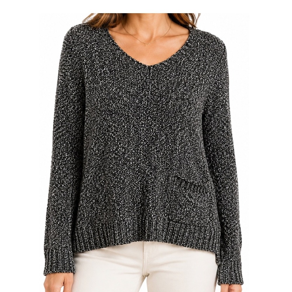 Eileen Fisher 100% Cotton Marled V Neck Sweater Black White Minimalist Pocket XS